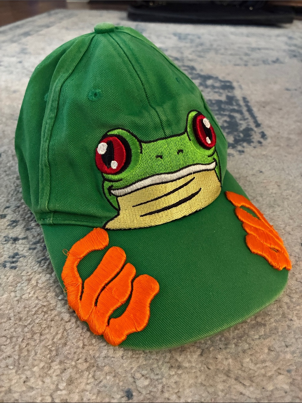 Green Frog Face Kids Costume Hat with Orange Accents embroidered Costa Rica